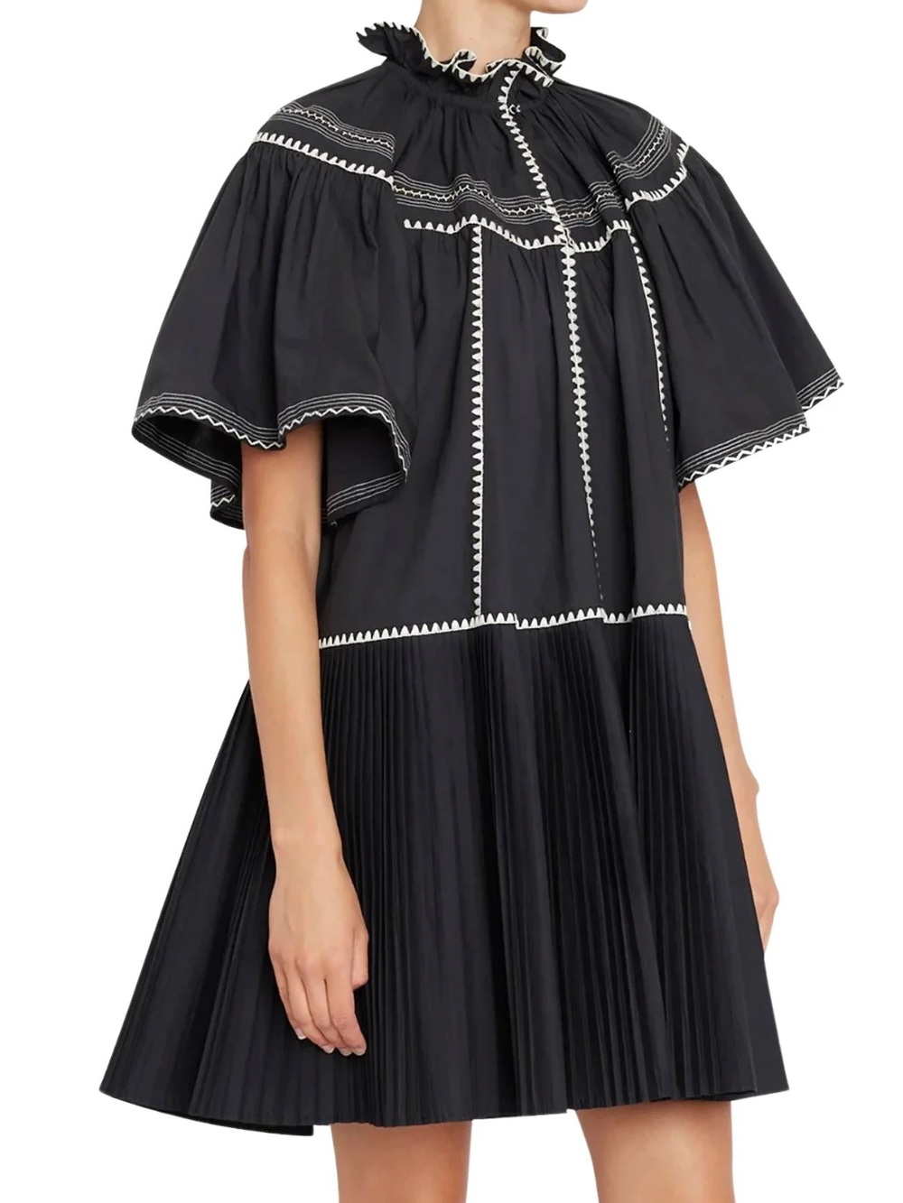 Ulla Johnson Desi pleated black embroidered v neck mini Dress 6